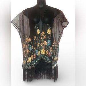 Haute Hippie Whimsygoth Boho Floral Sheer Black Fringe Embroidered kimono Top OS